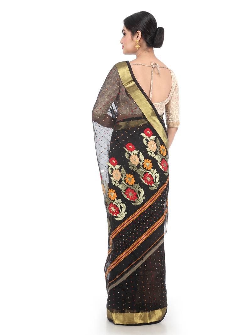 Black Handloom Cotton Silk saree with blouse
