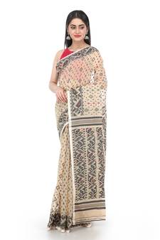 Beige Women Soft Dhakai Jamdani Saree Without Blouse