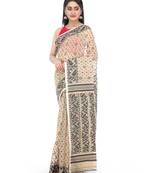 Beige Women Soft Dhakai Jamdani Saree Without Blouse