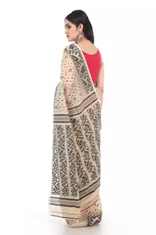 Beige Women Soft Dhakai Jamdani Saree Without Blouse