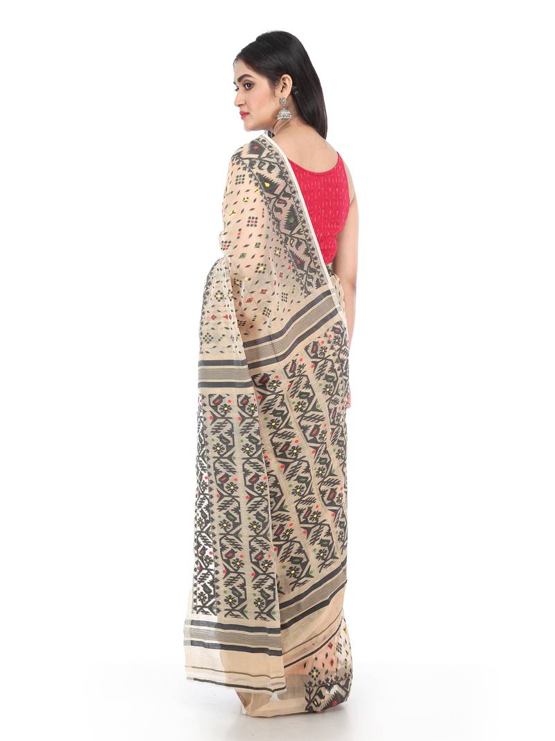 Beige Women Soft Dhakai Jamdani Saree Without Blouse