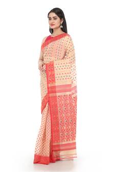 Beige Women Soft Dhakai Jamdani Saree Without Blouse