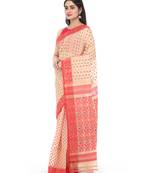 Beige Women Soft Dhakai Jamdani Saree Without Blouse
