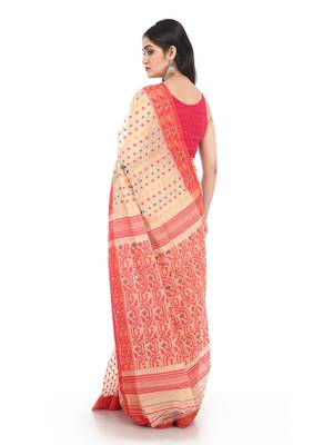 Beige Women Soft Dhakai Jamdani Saree Without Blouse 2