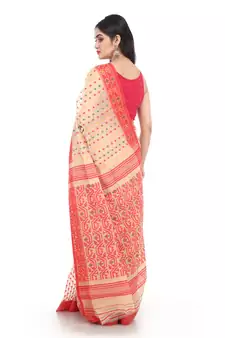 Beige Women Soft Dhakai Jamdani Saree Without Blouse