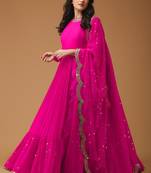 Magenta embroidered georgette semi stitched anarkali with dupatta