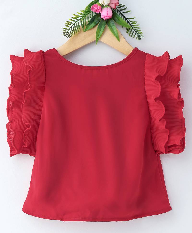 Red plain georgette kids-tops