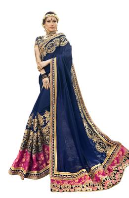 Royal blue embroidered georgette saree with blouse 1