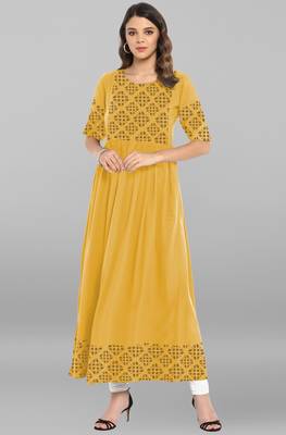 Yellow printed crepe ethnic kurtis 2