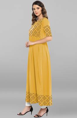 Yellow printed crepe ethnic kurtis 3