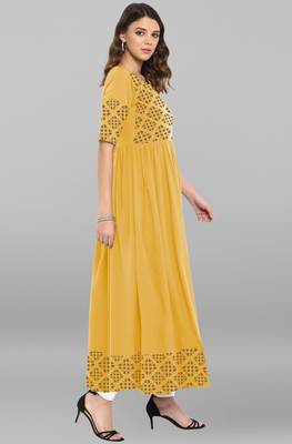 Yellow printed crepe ethnic kurtis 4