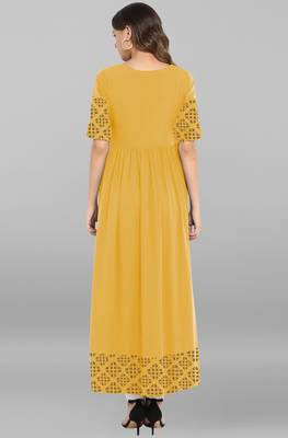 Yellow printed crepe ethnic kurtis 5