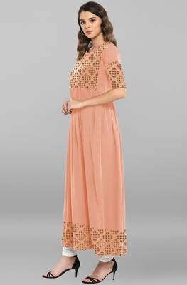 Peach printed crepe ethnic kurtis 3