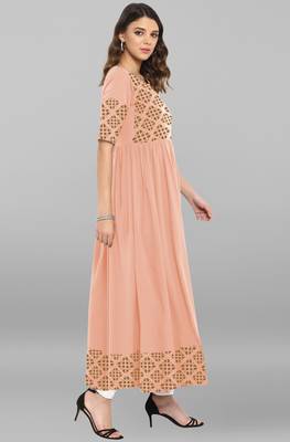 Peach printed crepe ethnic kurtis 4