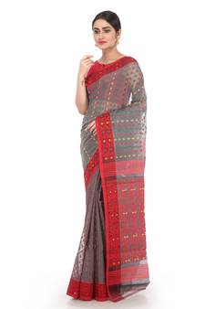 Grey Women Soft Dhakai Jamdani Saree Without Blouse