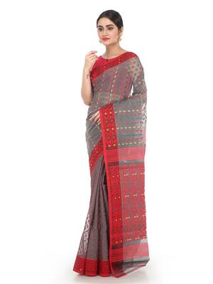Grey Women Soft Dhakai Jamdani Saree Without Blouse 1