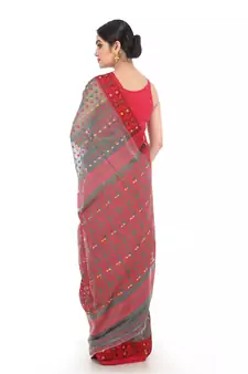 Grey Women Soft Dhakai Jamdani Saree Without Blouse