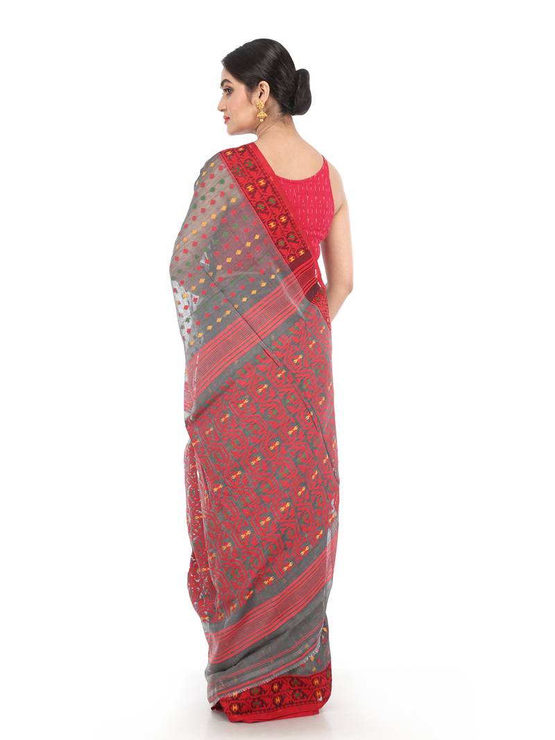 Grey Women Soft Dhakai Jamdani Saree Without Blouse