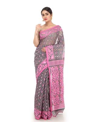 Grey Women Soft Dhakai Jamdani Saree Without Blouse 1