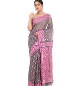 Grey Women Soft Dhakai Jamdani Saree Without Blouse