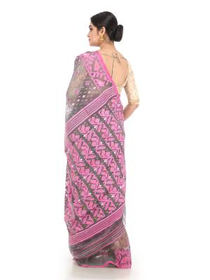 Grey Women Soft Dhakai Jamdani Saree Without Blouse 2