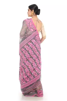 Grey Women Soft Dhakai Jamdani Saree Without Blouse