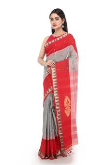Grey Handloom Cotton Saree With Blouse