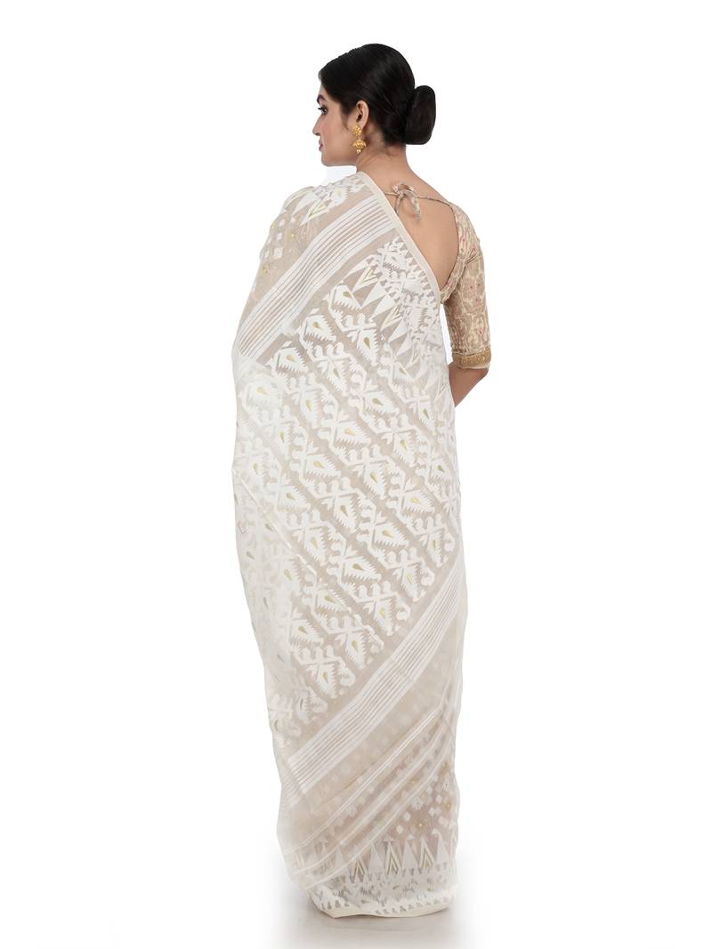 Mildly Starched White Jamdani Saree with Buttis main image 0