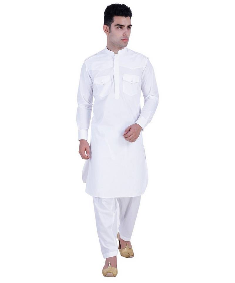 White plain cotton Pathani Suit For Men