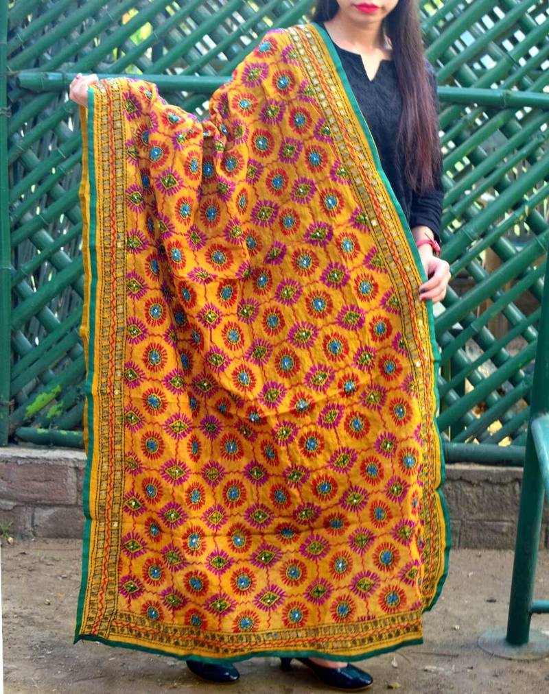 Yellow Chanderi Fabric On Phulkari Dupatta