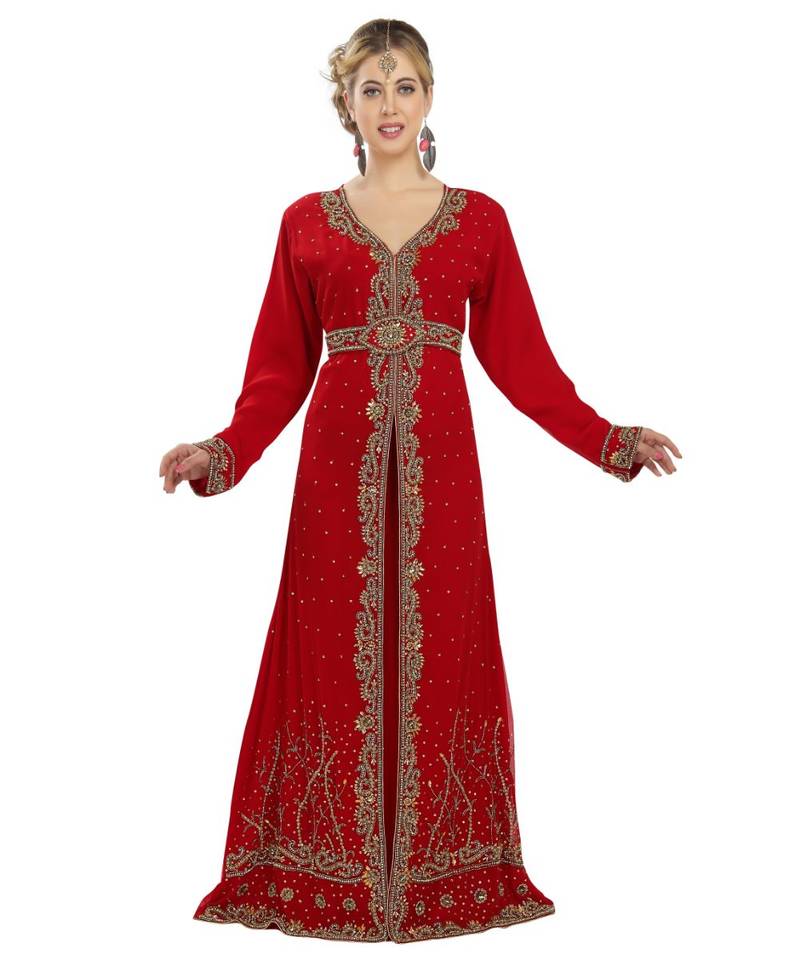 red georgette embroidered zari work islamic kaftans