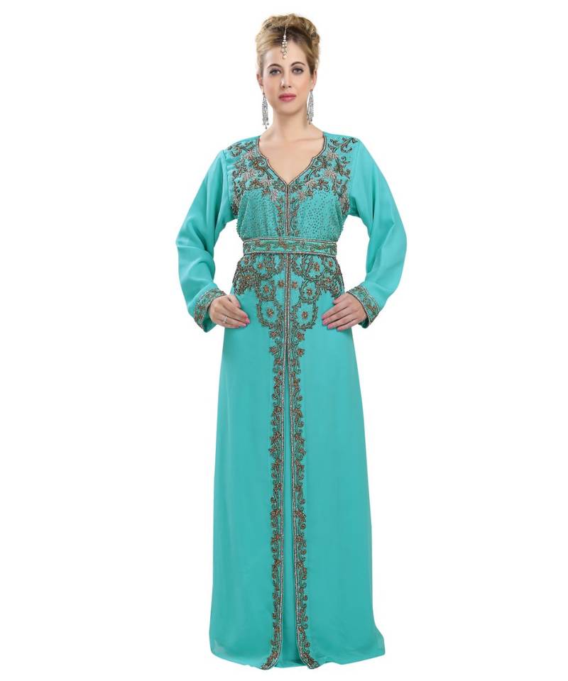 blue georgette embroidered zari work islamic kaftans