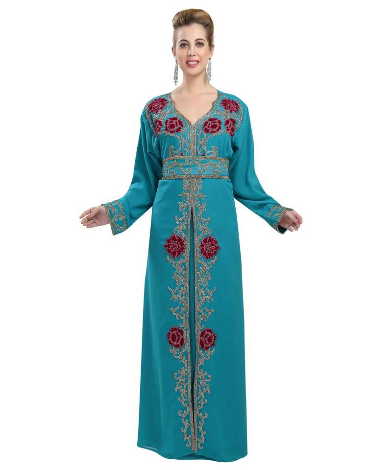 turquoise georgette embroidered zari work islamic kaftans