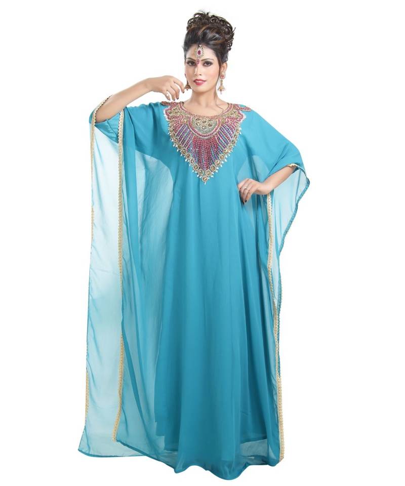 turquoise georgette embroidered zari work islamic kaftans