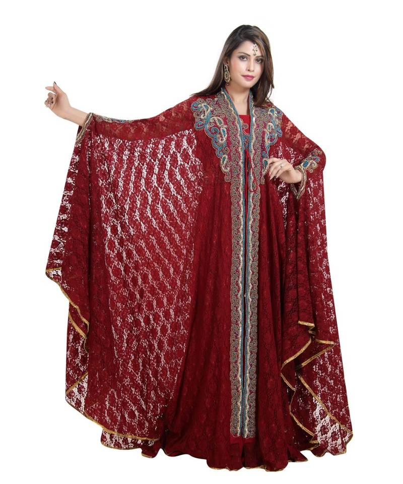 Maroon georgette embroidered zari work islamic kaftans
