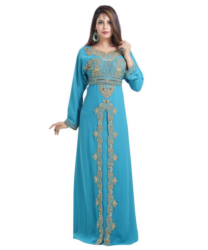 turquoise georgette embroidered zari work islamic kaftans