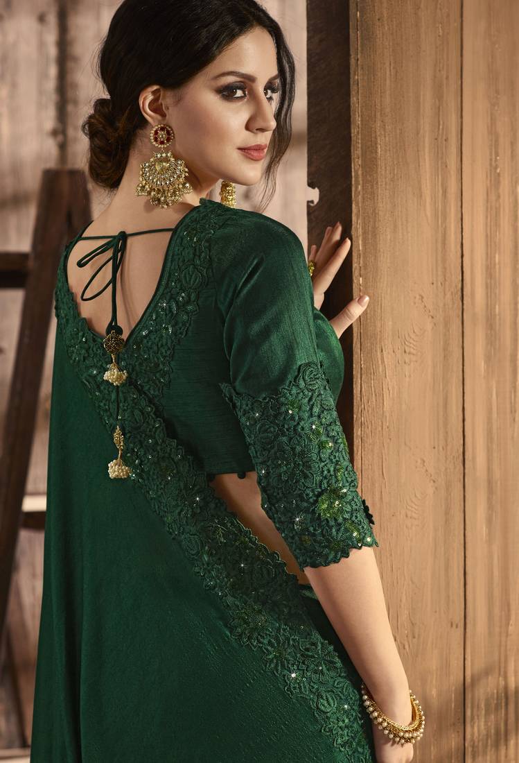 Dark Green Embroidered Pure Silk Saree With Blouse