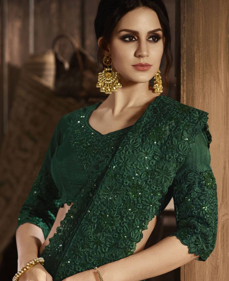 Dark Green Embroidered Pure Silk Saree With Blouse