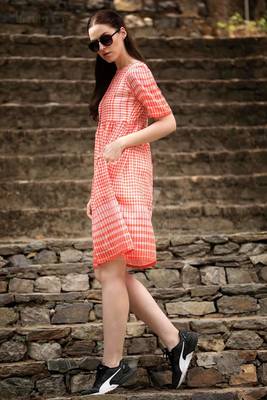 White & Orange Shirt Style Checkered Dress 1