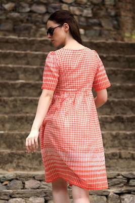 White & Orange Shirt Style Checkered Dress 2