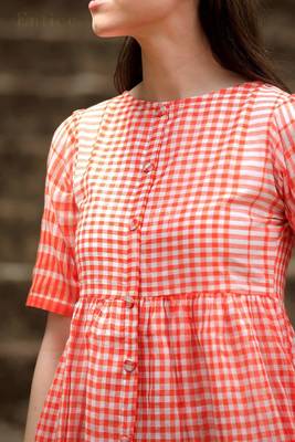 White & Orange Shirt Style Checkered Dress 3