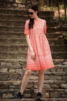 White & Orange Shirt Style Checkered Dress 4