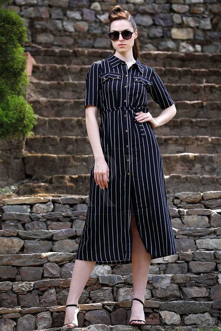 Striped Black Shirt Style Midi Dress