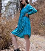 Teal Floral Yoke Dress With Gathered Flair