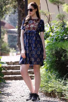 Blue Ajrakh Printed Dress With Ruffle Yoke 1