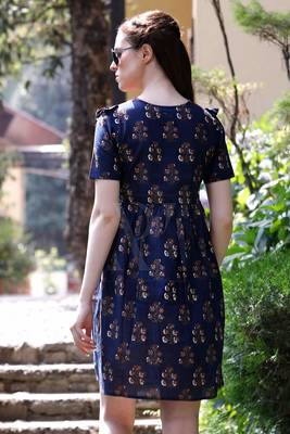 Blue Ajrakh Printed Dress With Ruffle Yoke 2