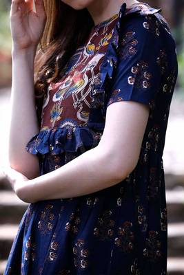Blue Ajrakh Printed Dress With Ruffle Yoke 3