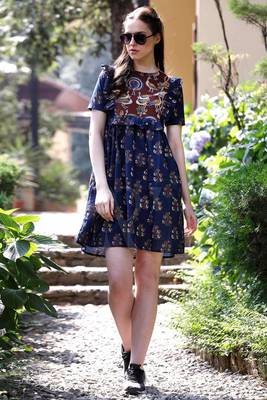 Blue Ajrakh Printed Dress With Ruffle Yoke 4