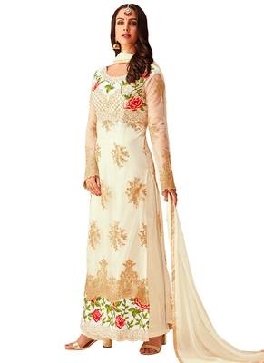 White embroidered Net unstitched salwar with dupatta 1