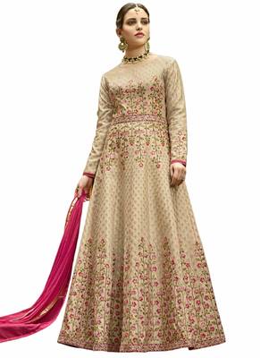 Beige embroidered Art Silk unstitched salwar with dupatta 1